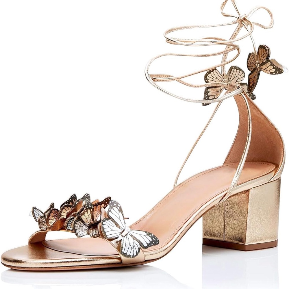 High Heels Lace Up Open Round Toe Tassel Chunky Ankle Straps Butterflies
